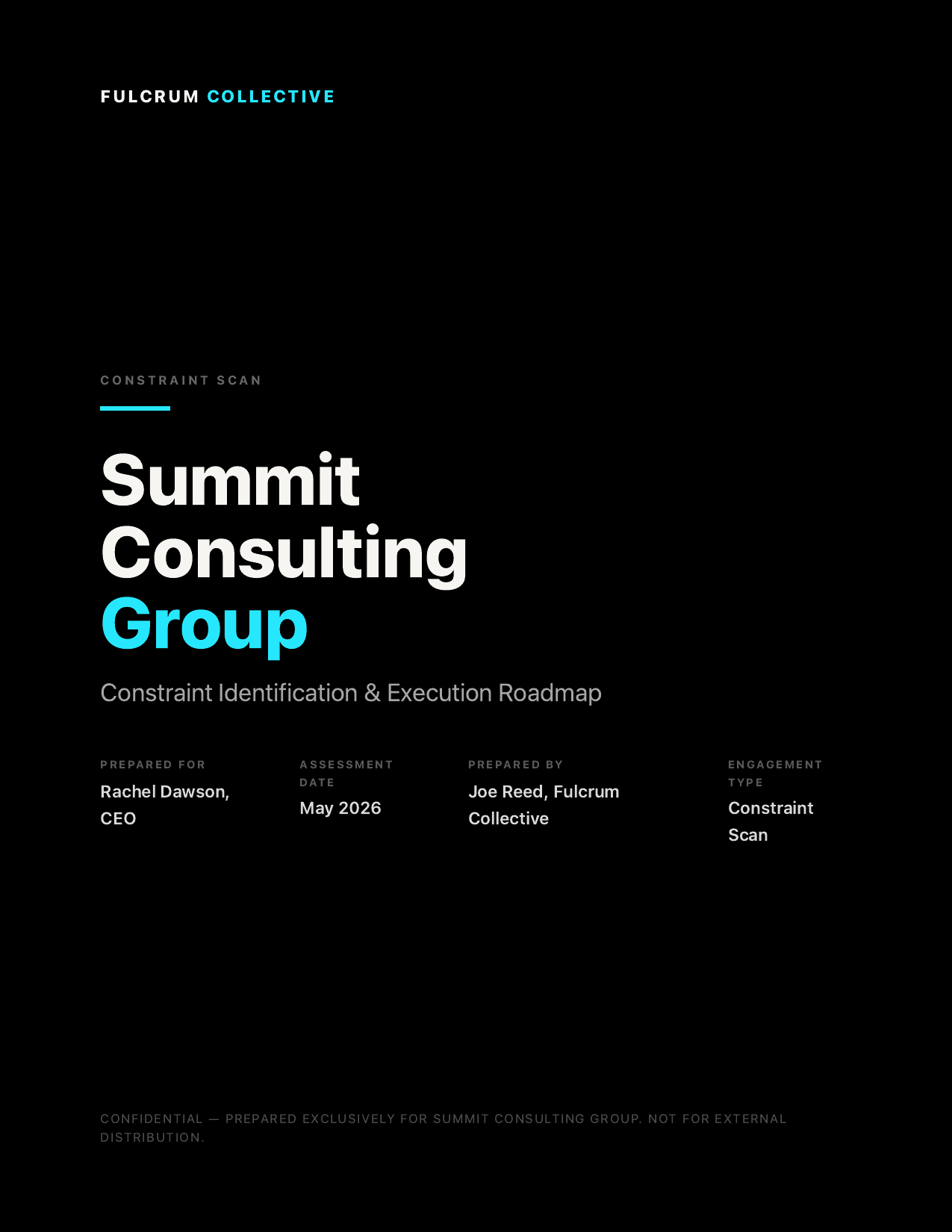 Cover of a sample Constraint Scan report prepared for a fictional consulting firm